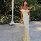Classy Mermaid Off The Shoulder Yellow Satin Long Classy Evening Dress Classy Prom Dress