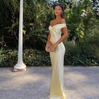 Classy Mermaid Off The Shoulder Yellow Satin Long Classy Evening Dress Classy Prom Dress