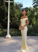 Classy Mermaid Off The Shoulder Yellow Satin Long Classy Evening Dress Classy Prom Dress