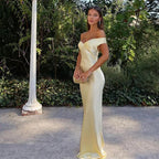 Classy Mermaid Off The Shoulder Yellow Satin Long Classy Evening Dress Classy Prom Dress