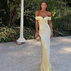 Classy Mermaid Off The Shoulder Yellow Satin Long Classy Evening Dress Classy Prom Dress