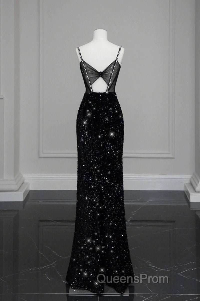 Classy Mermaid Spaghetti Straps Black Sequin Slit Long Evening Gowns Evening Prom Dress Secondary image