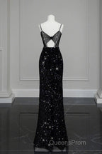 Classy Mermaid Spaghetti Straps Black Sequin Slit Long Evening Gowns Evening Prom Dress
