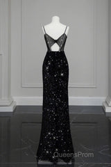 Classy Mermaid Spaghetti Straps Black Sequin Slit Long Evening Gowns Evening Prom Dress