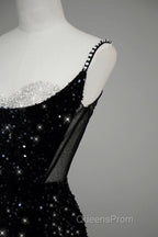 Classy Mermaid Spaghetti Straps Black Sequin Slit Long Evening Gowns Evening Prom Dress