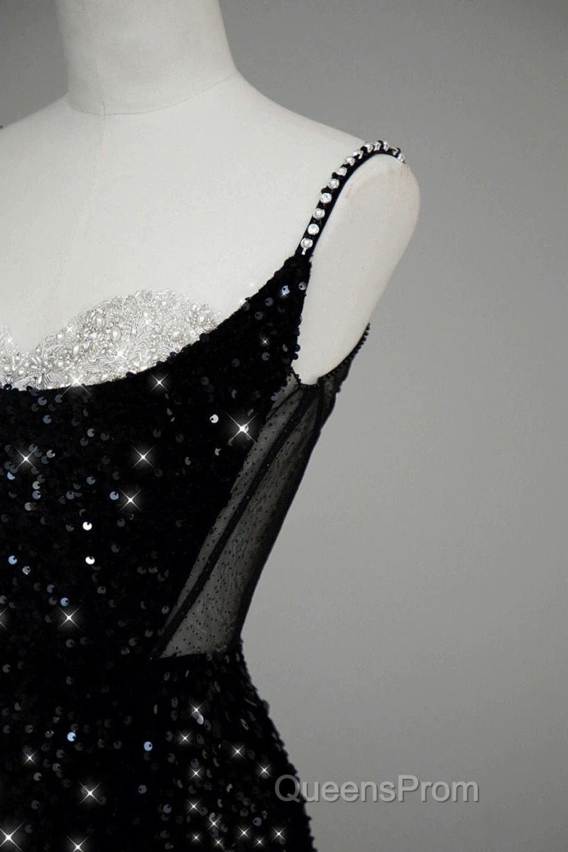 Classy Mermaid Spaghetti Straps Black Sequin Slit Long Evening Gowns Evening Prom Dress
