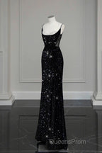 Classy Mermaid Spaghetti Straps Black Sequin Slit Long Evening Gowns Evening Prom Dress