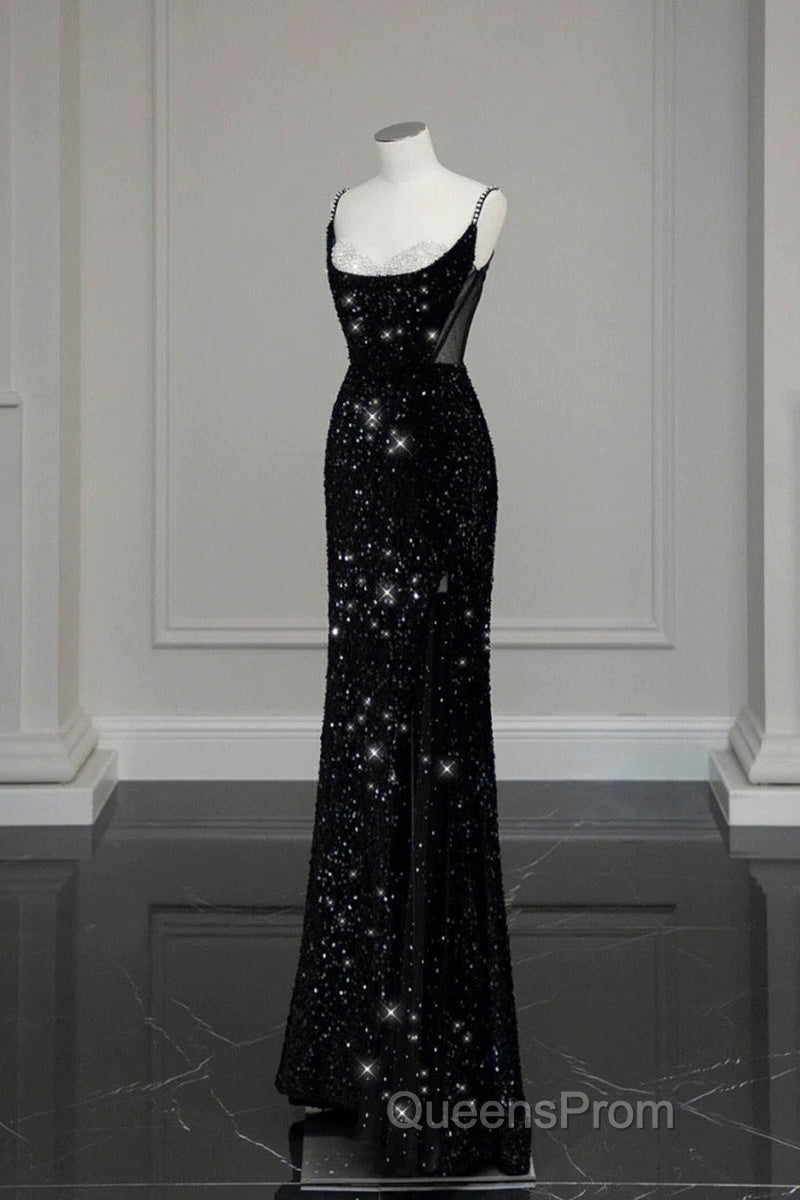 Classy Mermaid Spaghetti Straps Black Sequin Slit Long Evening Gowns Evening Prom Dress