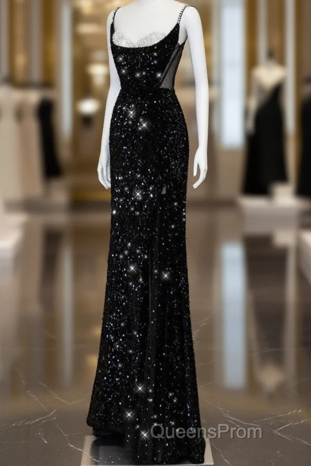 Classy Mermaid Spaghetti Straps Black Sequin Slit Long Evening Gowns Evening Prom Dress Main image