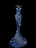 Classy Mermaid Spaghetti Straps Navy Blue Sequin Long Classy Evening Gowns Classy Prom Dress
