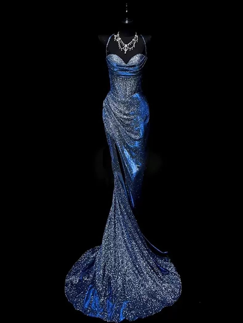 Classy Mermaid Spaghetti Straps Navy Blue Sequin Long Classy Evening Gowns Classy Prom Dress
