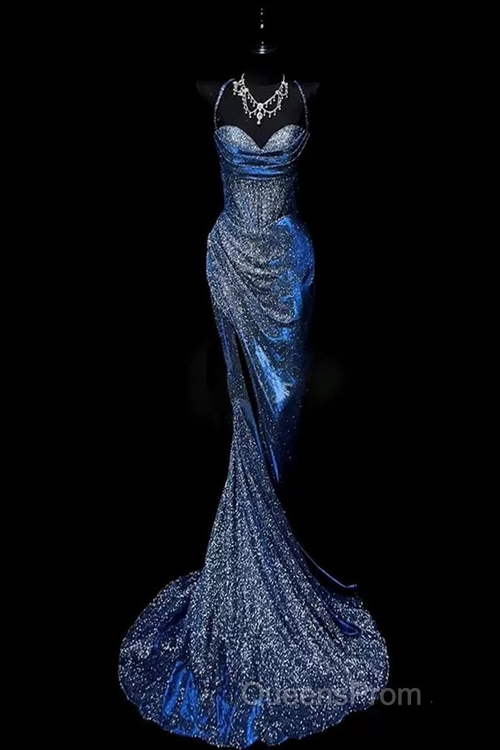 Classy Mermaid Spaghetti Straps Navy Blue Sequin Long Evening Gowns Evening Prom Dress Secondary image