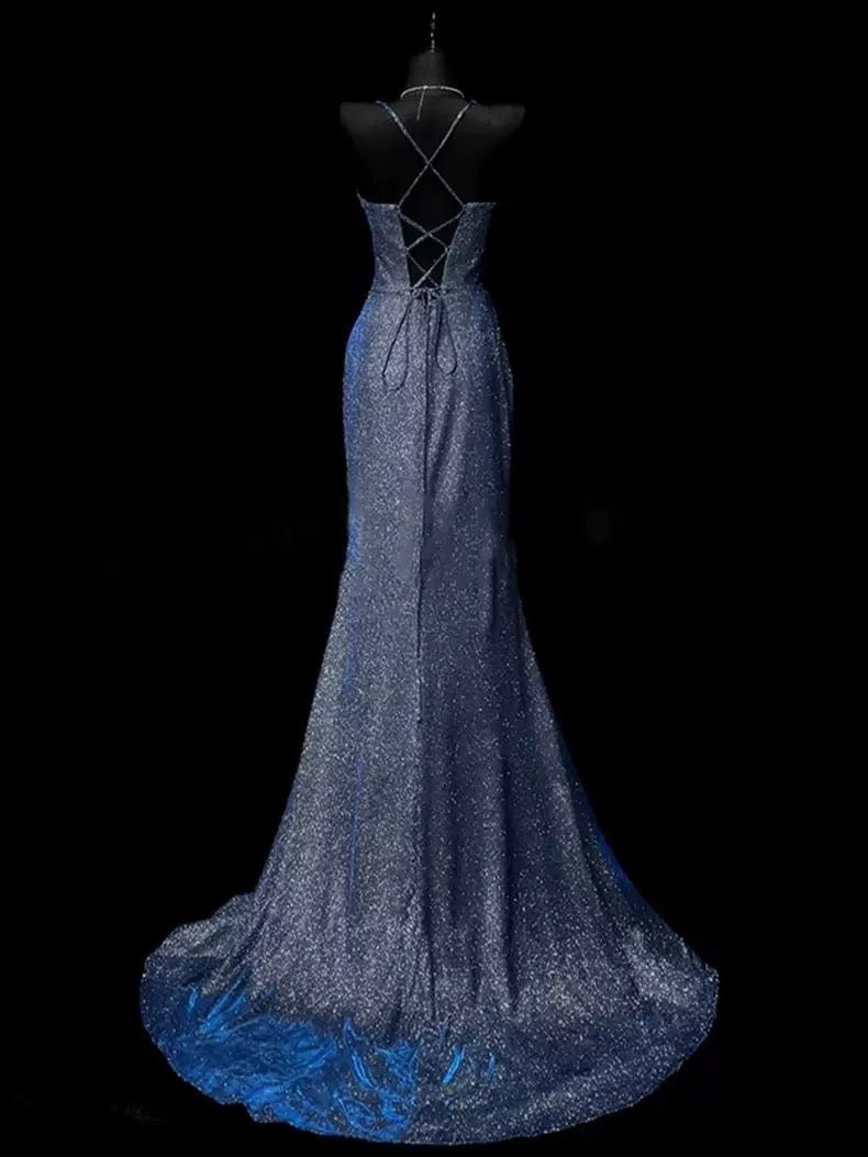 Classy Mermaid Spaghetti Straps Navy Blue Sequin Long Classy Evening Gowns Classy Prom Dress