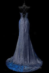 Classy Mermaid Spaghetti Straps Navy Blue Sequin Long Evening Gowns Evening Prom Dress