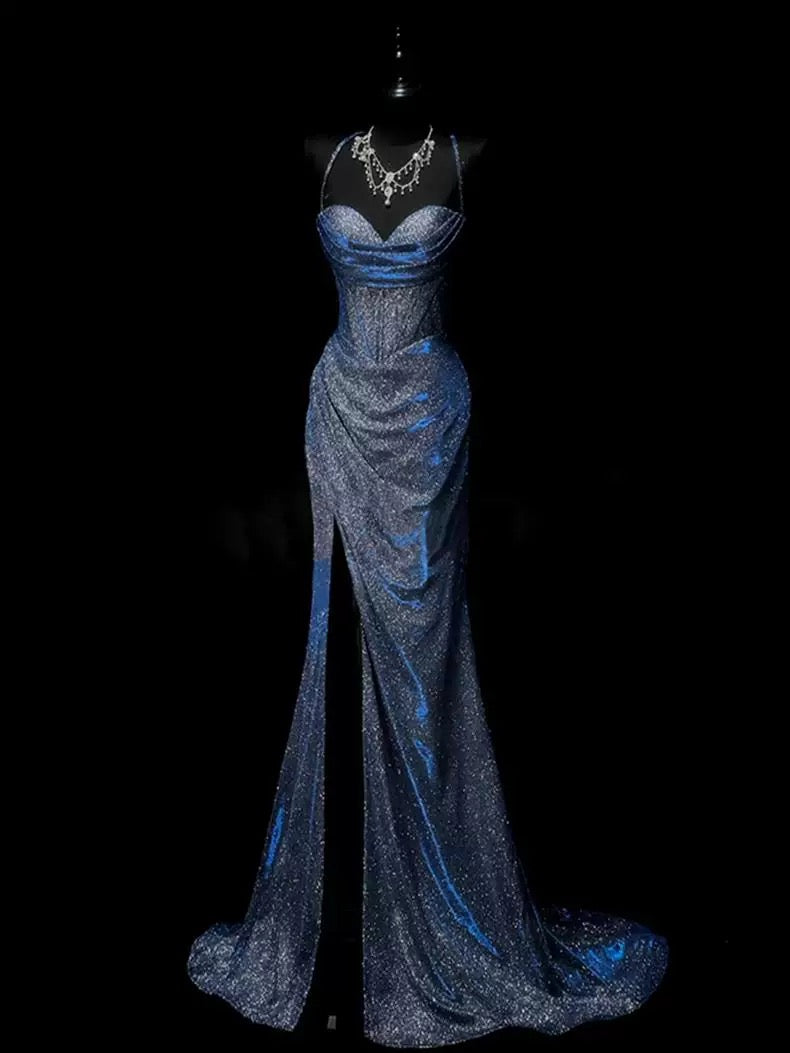Classy Mermaid Spaghetti Straps Navy Blue Sequin Long Classy Evening Gowns Classy Prom Dress