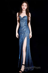Classy Mermaid Spaghetti Straps Navy Blue Sequin Long Evening Gowns Evening Prom Dress
