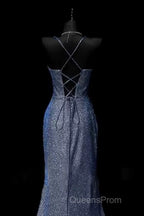 Classy Mermaid Spaghetti Straps Navy Blue Sequin Long Evening Gowns Evening Prom Dress