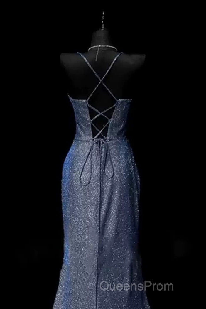 Classy Mermaid Spaghetti Straps Navy Blue Sequin Long Evening Gowns Evening Prom Dress