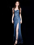 Classy Mermaid Spaghetti Straps Navy Blue Sequin Long Classy Evening Gowns Classy Prom Dress