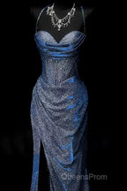 Classy Mermaid Spaghetti Straps Navy Blue Sequin Long Evening Gowns Evening Prom Dress