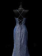 Classy Mermaid Spaghetti Straps Navy Blue Sequin Long Classy Evening Gowns Classy Prom Dress