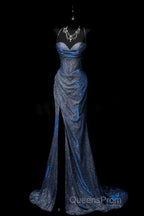 Classy Mermaid Spaghetti Straps Navy Blue Sequin Long Evening Gowns Evening Prom Dress