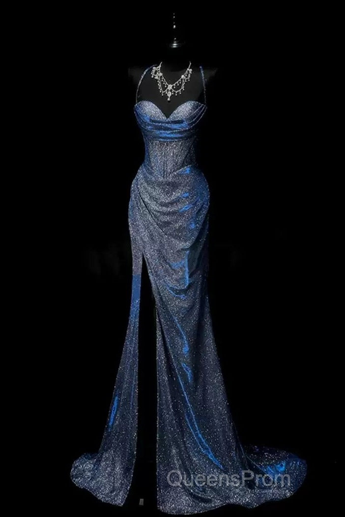 Classy Mermaid Spaghetti Straps Navy Blue Sequin Long Evening Gowns Evening Prom Dress
