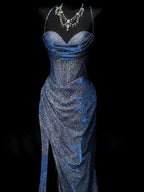 Classy Mermaid Spaghetti Straps Navy Blue Sequin Long Classy Evening Gowns Classy Prom Dress