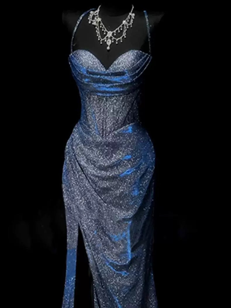 Classy Mermaid Spaghetti Straps Navy Blue Sequin Long Classy Evening Gowns Classy Prom Dress