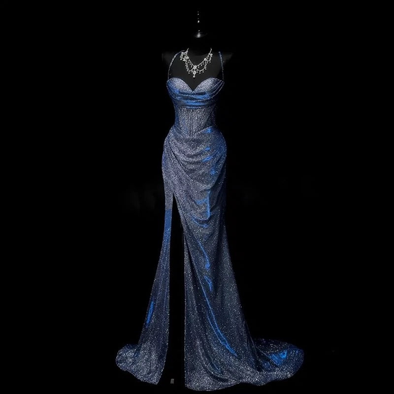 Classy Mermaid Spaghetti Straps Navy Blue Sequin Long Classy Evening Gowns Classy Prom Dress Main image