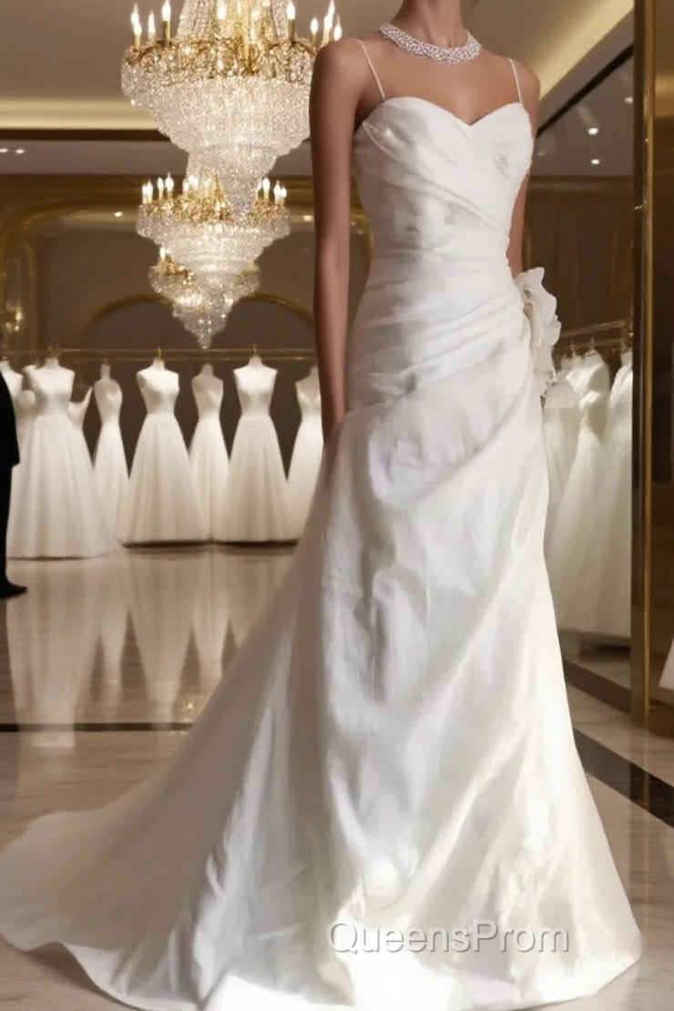 Classy Mermaid Spaghetti Straps White Satin Long Wedding Dress Bridal Dress Main image