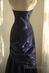 Classy Mermaid Strapless Navy Blue Organza Long Evening Gowns Evening Prom Dress