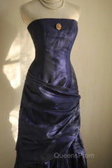 Classy Mermaid Strapless Navy Blue Organza Long Evening Gowns Evening Prom Dress