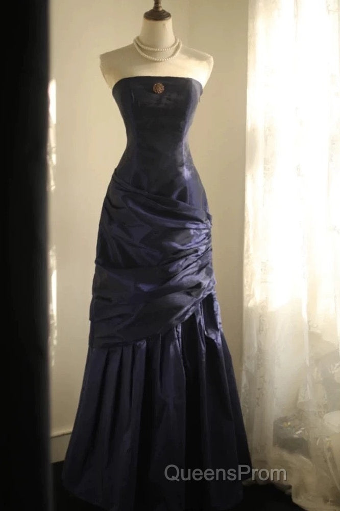 Classy Mermaid Strapless Navy Blue Organza Long Evening Gowns Evening Prom Dress