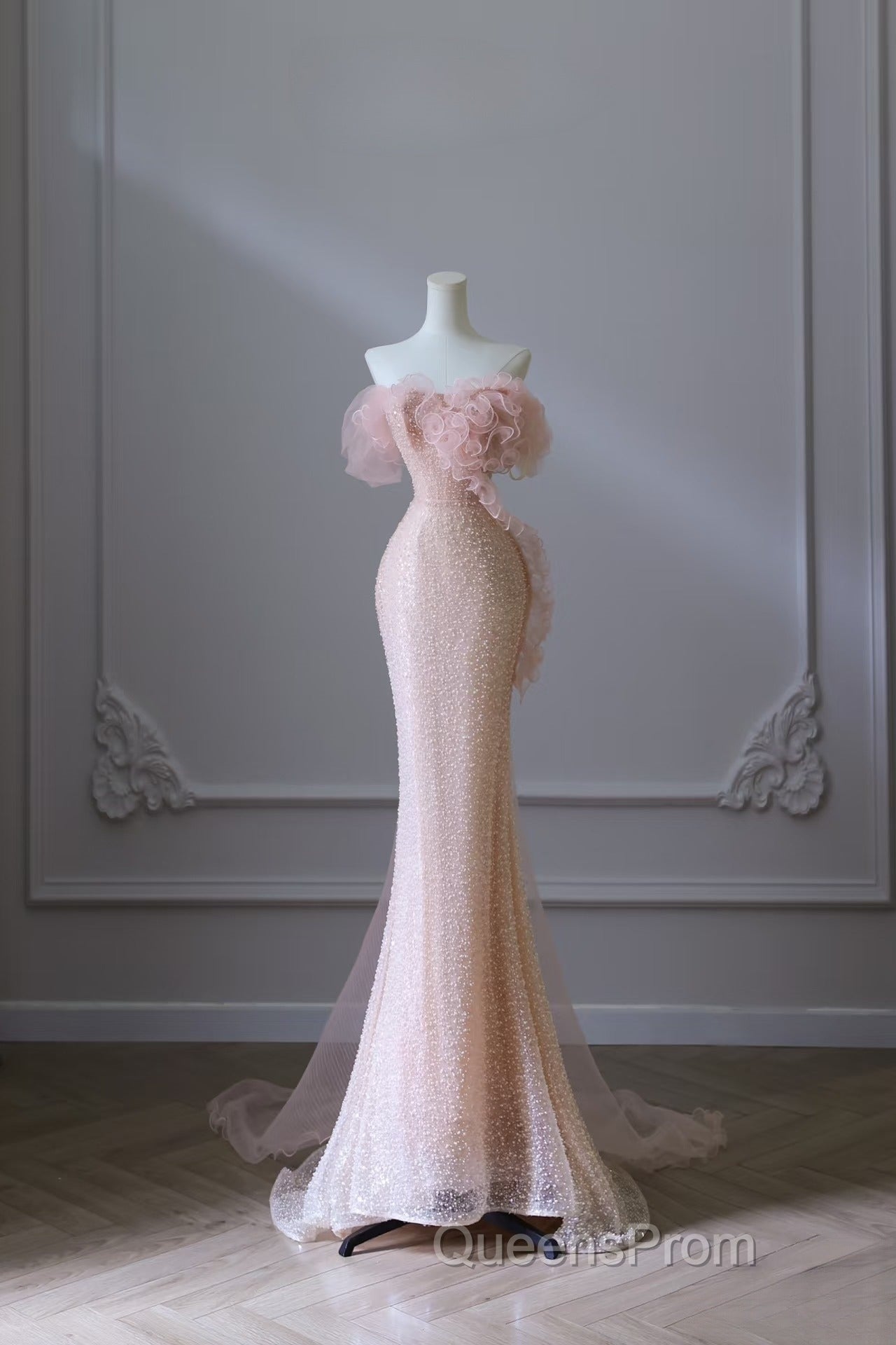 Classy Mermaid Strapless Pink Sequin Long Evening Dress Evening Prom Dress