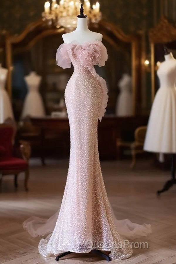 Classy Mermaid Strapless Pink Sequin Long Evening Dress Evening Prom Dress Main image