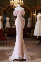 Classy Mermaid Strapless Pink Sequin Long Evening Dress Evening Prom Dress