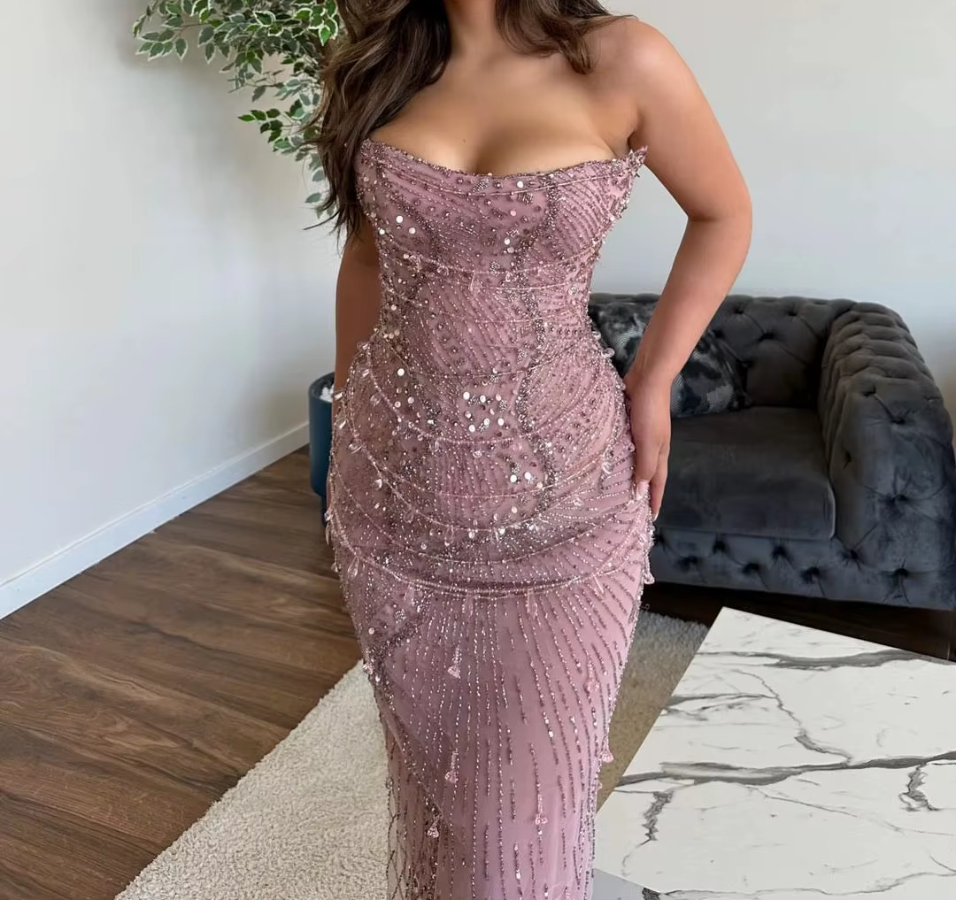 Classy Mermaid Strapless Tulle Pink Long Classy Evening Dress Classy Prom Dress With Beads Secondary image