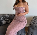 Classy Mermaid Strapless Tulle Pink Long Classy Evening Dress Classy Prom Dress With Beads