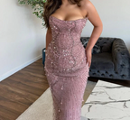 Classy Mermaid Strapless Tulle Pink Long Classy Evening Dress Classy Prom Dress With Beads