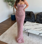 Classy Mermaid Strapless Tulle Pink Long Classy Evening Dress Classy Prom Dress With Beads