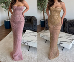 Classy Mermaid Strapless Tulle Pink Long Classy Evening Dress Classy Prom Dress With Beads