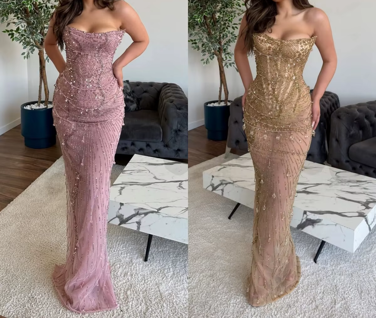 Classy Mermaid Strapless Tulle Pink Long Classy Evening Dress Classy Prom Dress With Beads