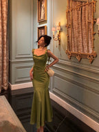 Classy Mermaid Straps Green Satin Classy Prom Dress Birthday Outfits