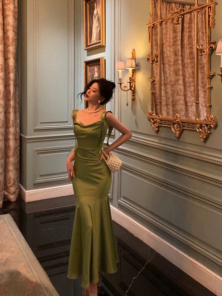 Classy Mermaid Straps Green Satin Classy Prom Dress Birthday Outfits