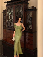 Classy Mermaid Straps Green Satin Classy Prom Dress Birthday Outfits
