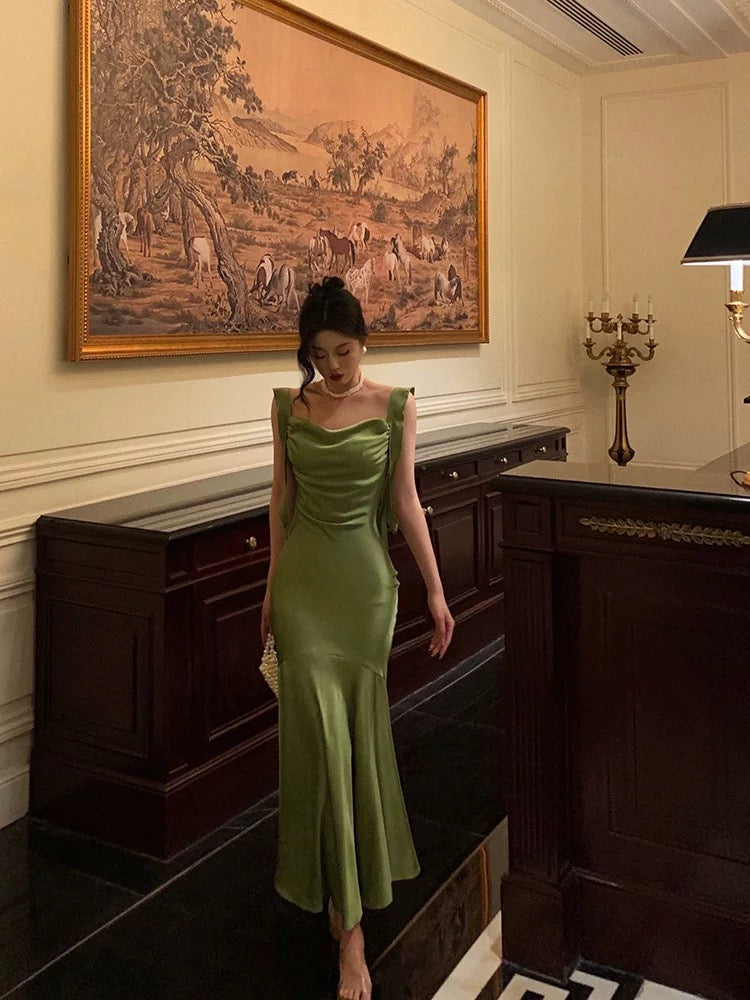 Classy Mermaid Straps Green Satin Classy Prom Dress Birthday Outfits Main image