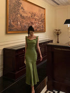 Classy Mermaid Straps Green Satin Classy Prom Dress Birthday Outfits