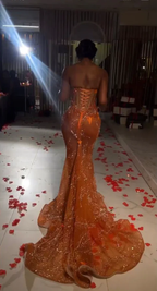 Classy Mermaid Sweetheart Orange Tulle Sequin Classy Evening Gowns Long Classy Prom Dress