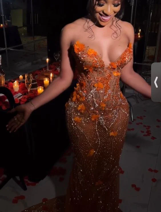 Classy Mermaid Sweetheart Orange Tulle Sequin Classy Evening Gowns Long Classy Prom Dress